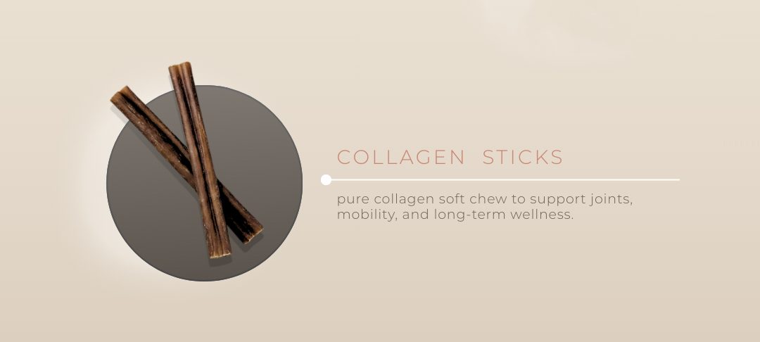 collagen sticks editorial banner — pure collagen soft chew · supports joints + mobility