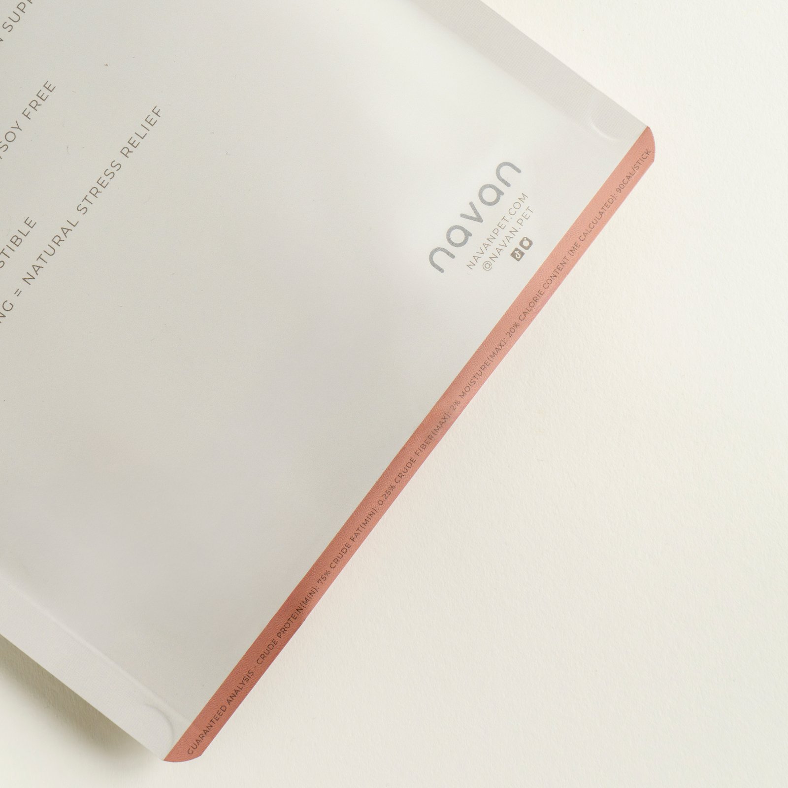 collagen sticks bag corner detail — copper trim, navan wordmark