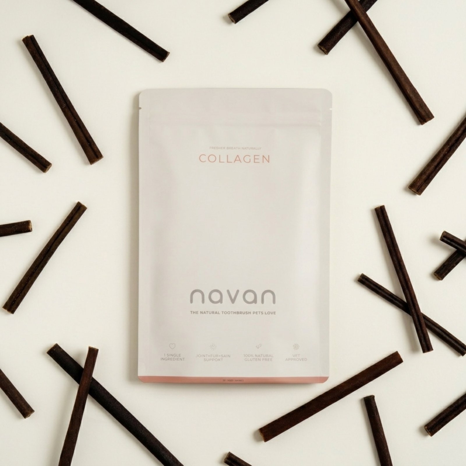 collagen sticks aerial flat-lay — bag with chews scattered
