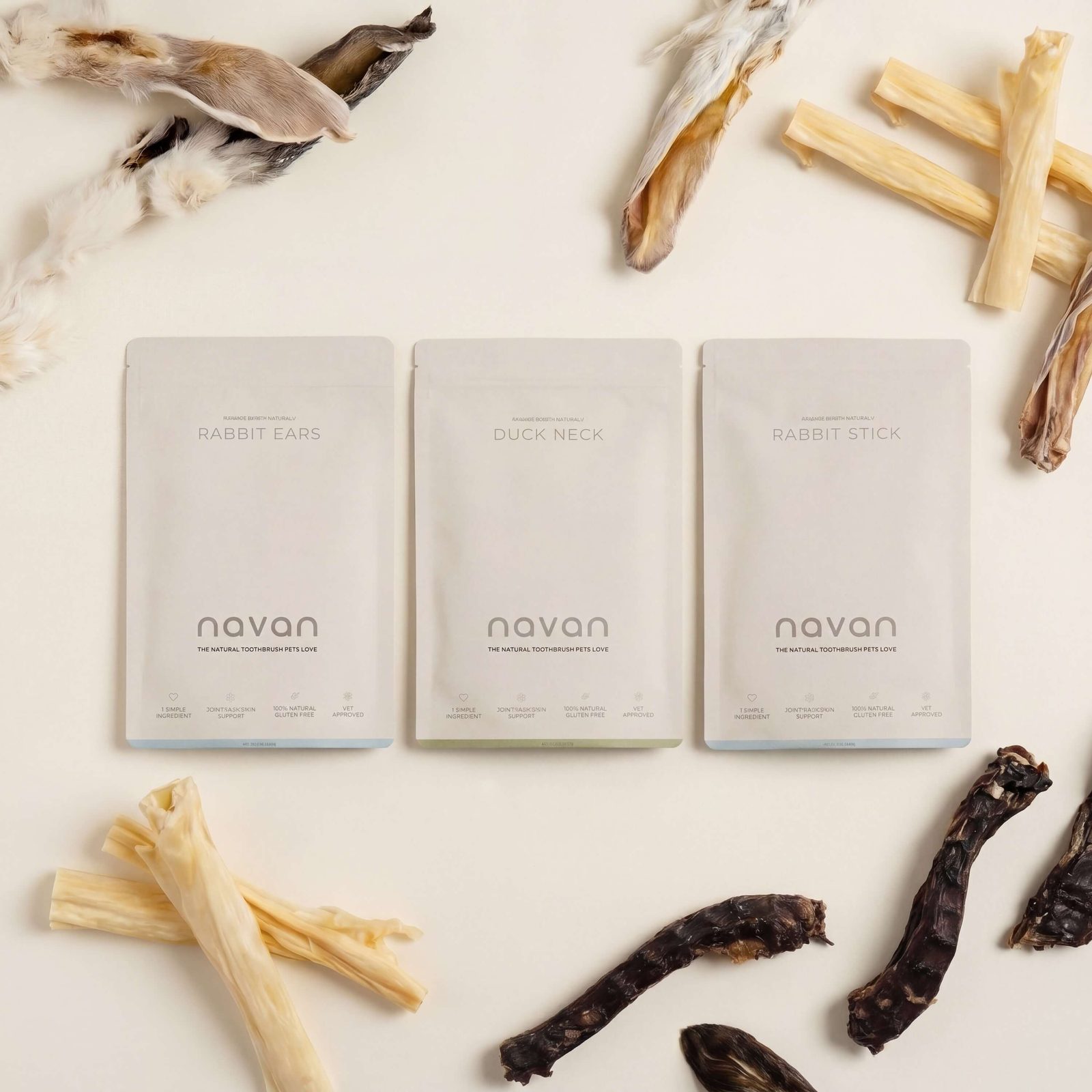 core bundle — three NAVAN bags with raw proteins around them