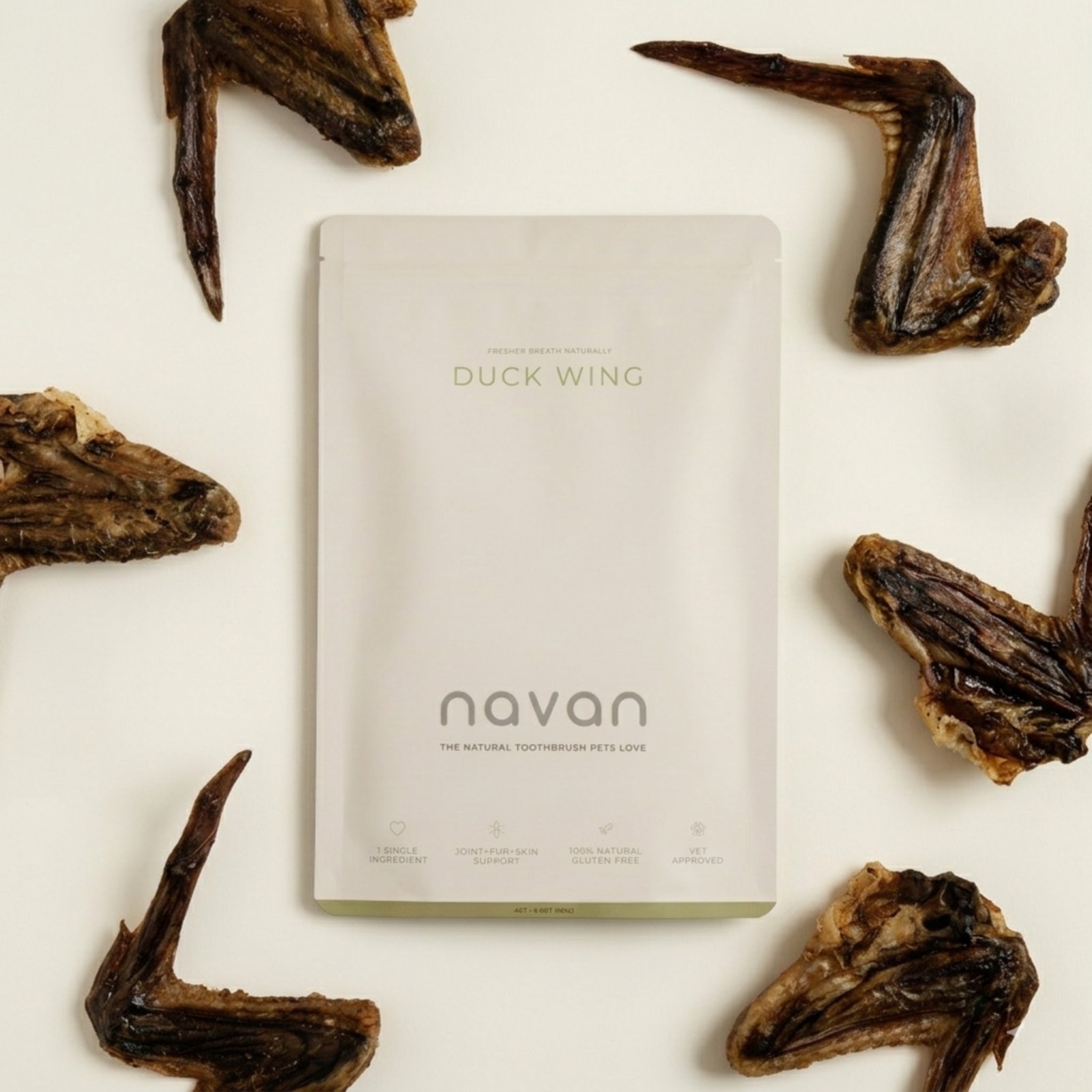 duck wing aerial flat-lay — bag with chews scattered