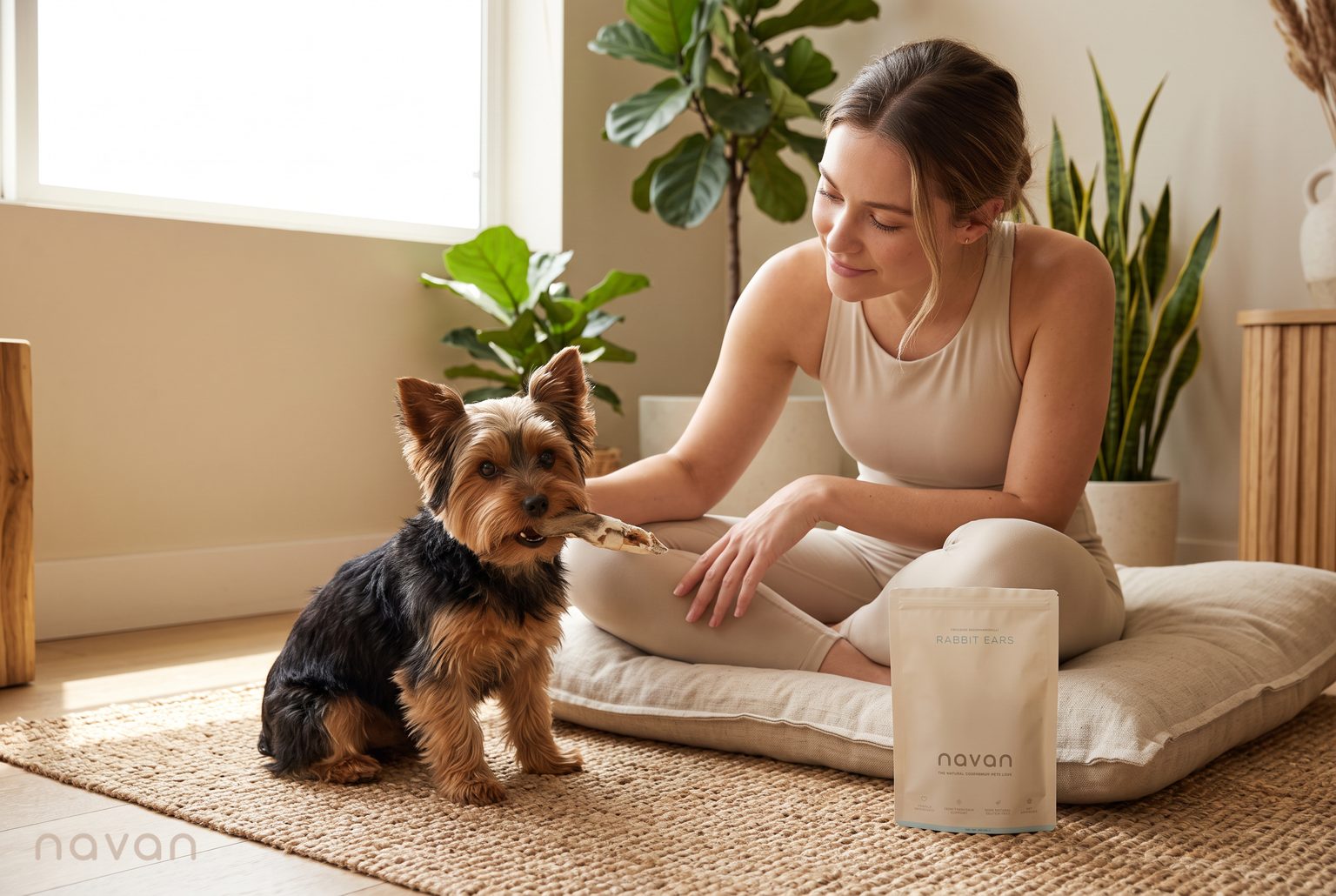 a healthy yorkshire terrier chewing a navan rabbit ear on a jute rug while its owner sits cross-legged beside it, watching calmly