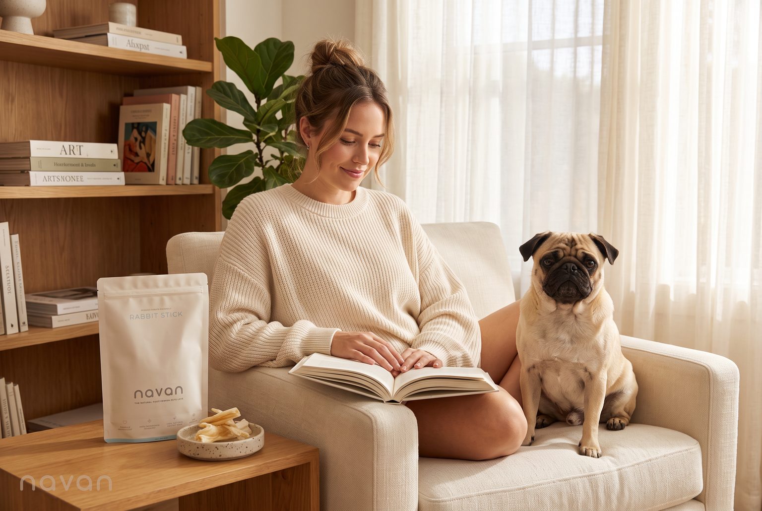 a healthy, happy pug sits with its owner in a sunlit reading nook beside a navan rabbit stick pouch and a dish of pale single-ingredient chews