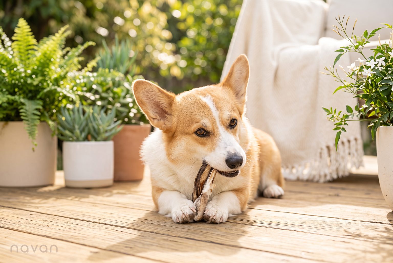 A happy Corgi enjoys its daily Navan rabbit-ear chew on a sunny outdoor deck