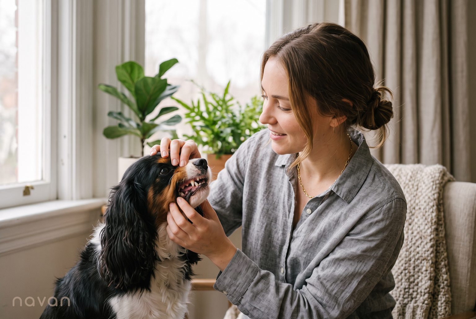 A dog parent gently lifts her healthy Cavalier King Charles Spaniel's lip to check its teeth and gums in warm window light