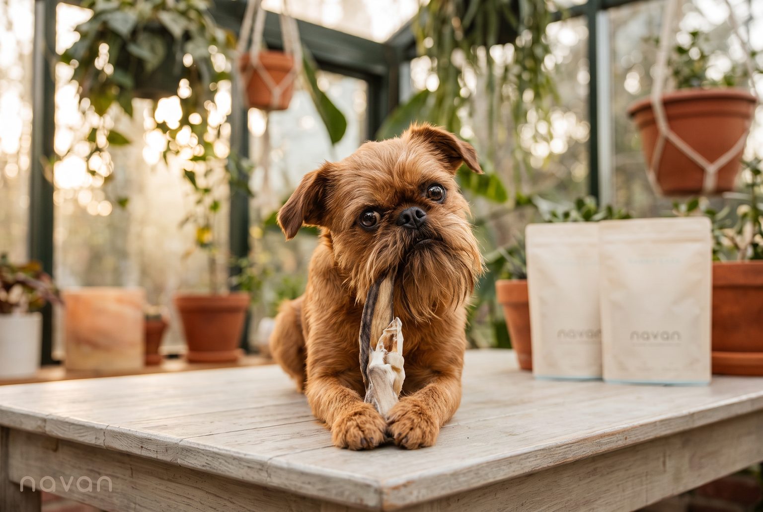 a healthy, alert small Brussels Griffon gnawing a natural Navan rabbit-ear chew on a wooden table in a bright plant-filled sunroom, with Navan chew pouches resting beside it