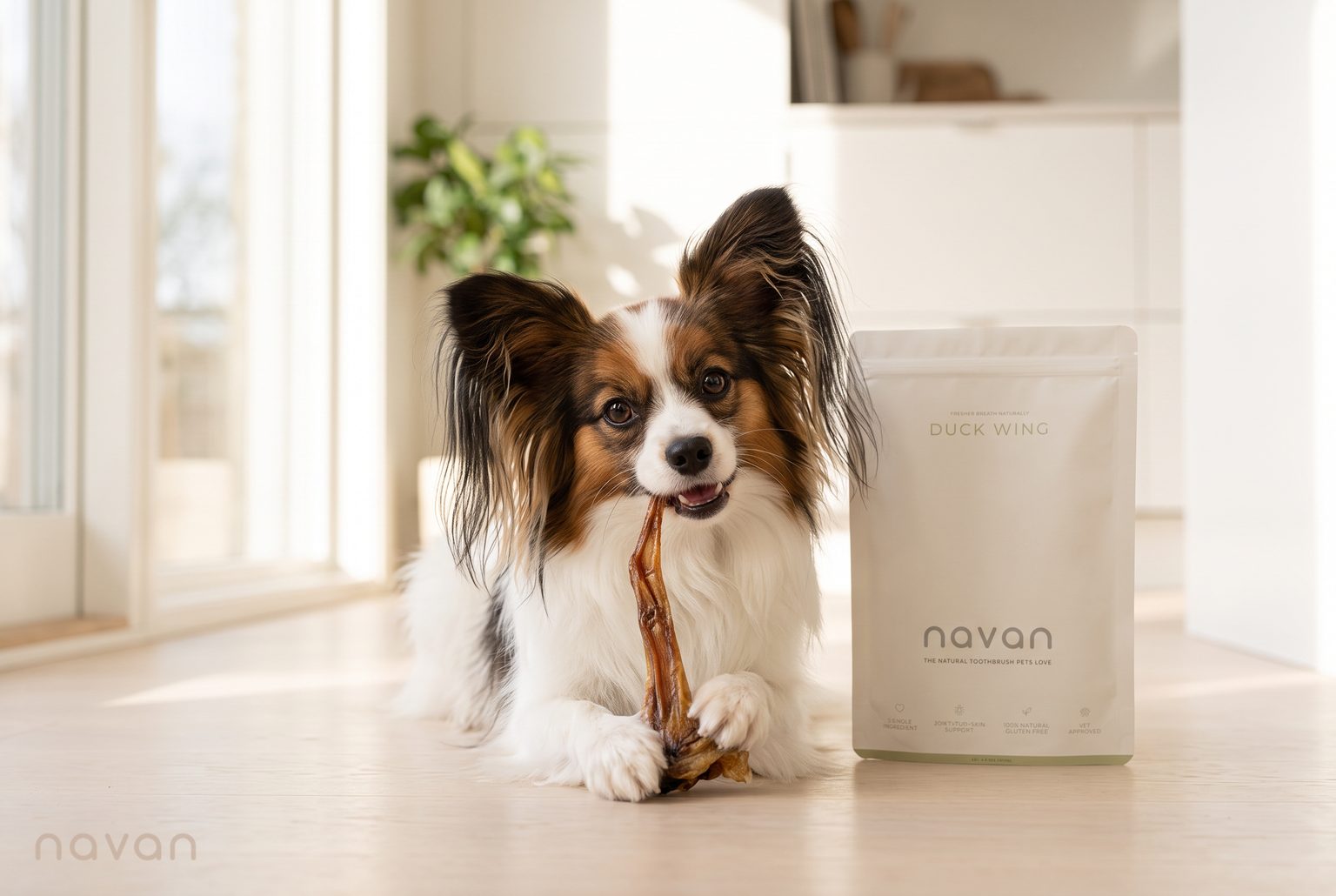 a healthy, alert Papillon on a sunlit kitchen floor happily chewing a Navan dental chew beside the pouch, the easy no-brushing habit