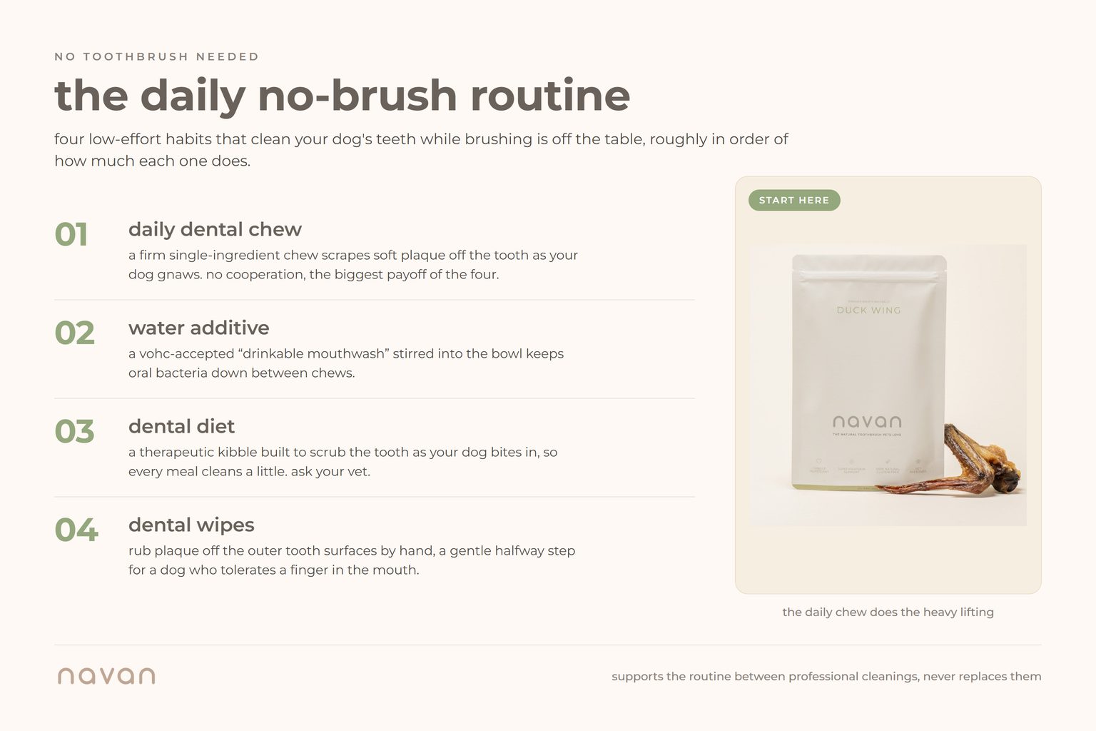 the daily no-brush routine in four steps: 01 a daily single-ingredient dental chew that scrapes soft plaque as the dog gnaws, 02 a VOHC-accepted water additive that controls bacteria between chews, 03 a therapeutic dental diet that scrubs the tooth at each meal, 04 dental wipes for the outer tooth surfaces; supports the routine between professional cleanings, never replaces them