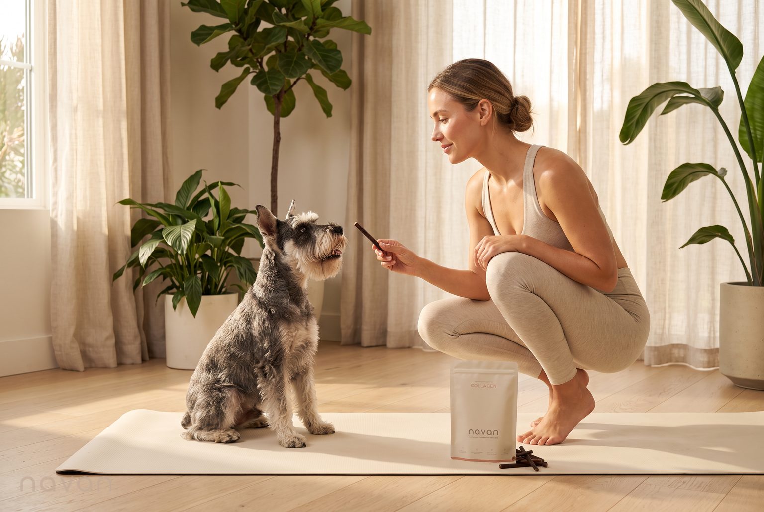 a woman in soft athleisure crouches in a sunlit wellness studio, offering her alert salt-and-pepper miniature schnauzer a straight navan chew, the pouch resting on the yoga mat