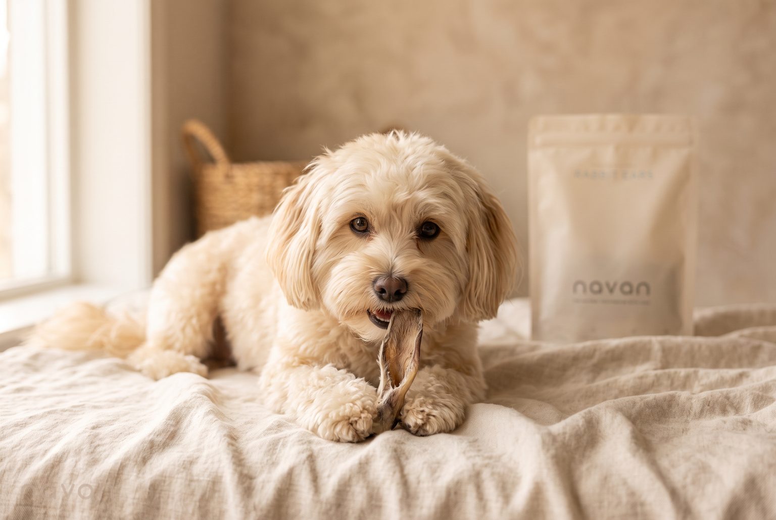 A small dog happily chews a natural single-ingredient rabbit-ear chew on soft linen