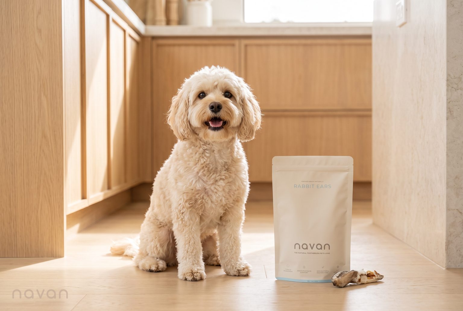 A happy, healthy small dog sits beside a Navan rabbit ears pouch in a bright, sunlit kitchen