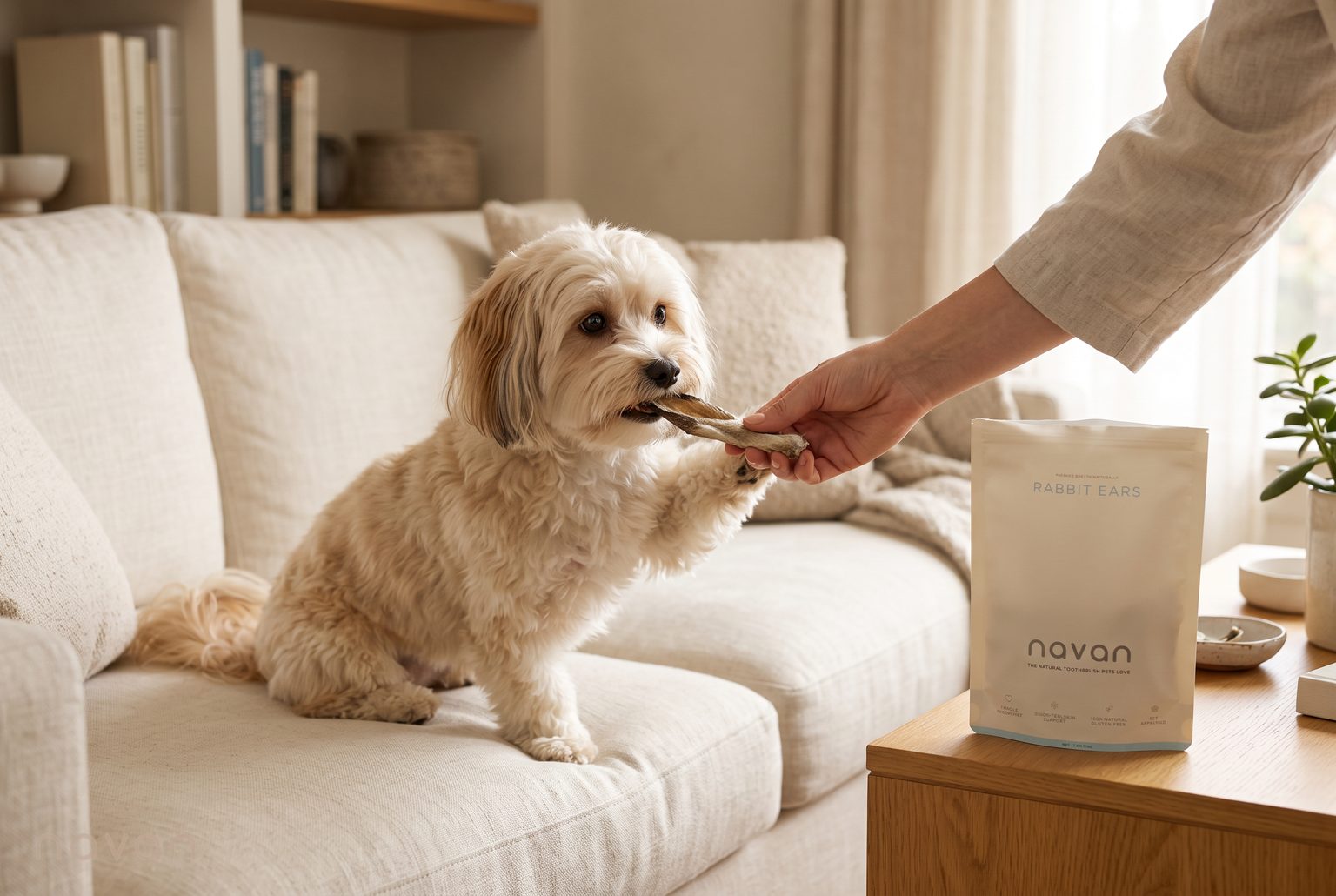 A hand offers a natural Navan rabbit-ear chew to a happy small dog at home, the daily at-home fresh-breath habit