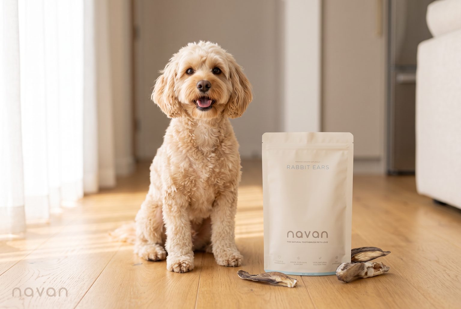 A happy, healthy small dog beside a Navan rabbit-ear pouch and dried rabbit-ear chews in warm natural light