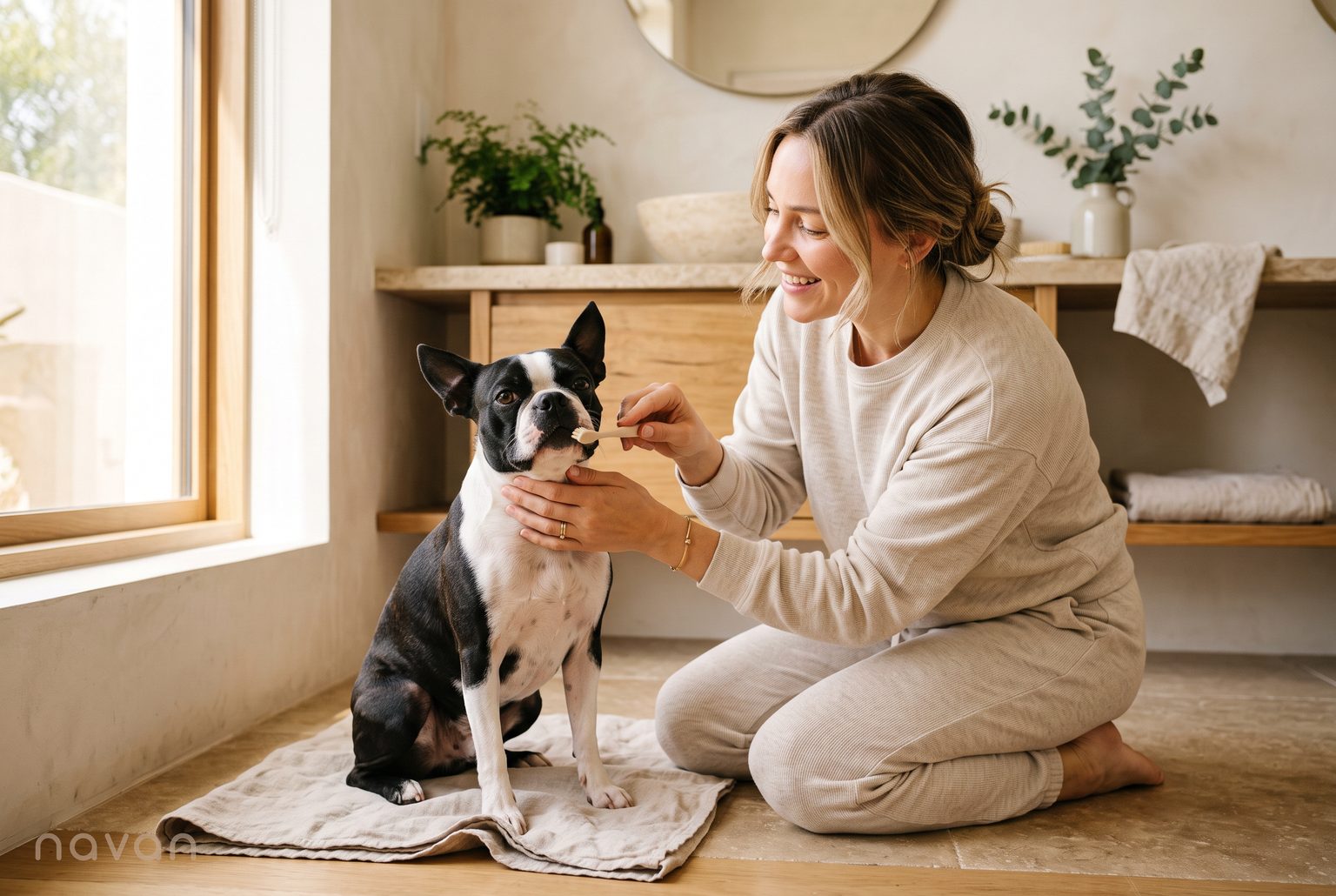 a dog parent gently brushing a healthy, relaxed Boston Terrier's teeth in a sunlit bathroom