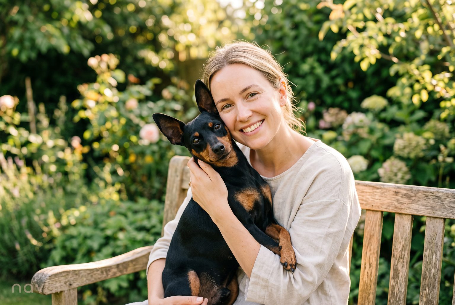 a woman on a sunny garden bench cuddling her healthy, bright-eyed miniature pinscher cheek-to-cheek