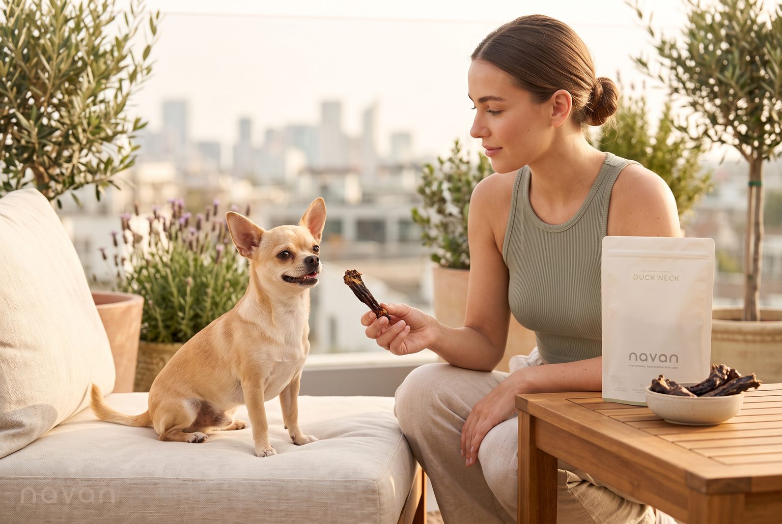 a fawn chihuahua on a rooftop terrace happily taking its single daily navan duck neck chew from its owner's hand