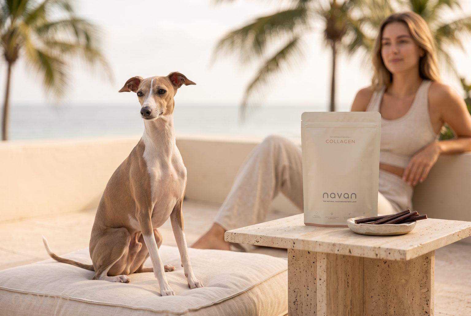 an italian greyhound on a sunlit coastal terrace beside a bag of navan collagen sticks and a dish of the straight dried chews