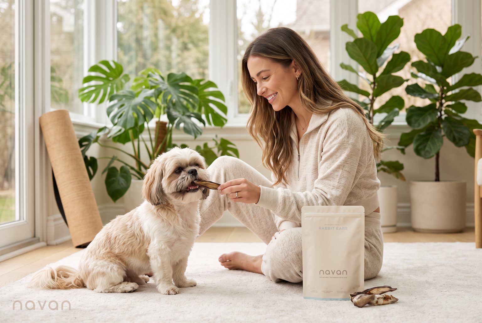 A dog parent gives her happy Shih Tzu a natural Navan rabbit-ear chew in a bright, plant-filled sunroom