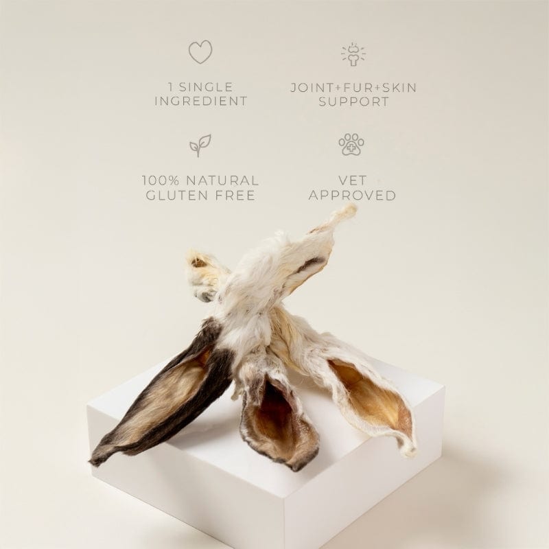 rabbit ears bag with chews displayed on a block